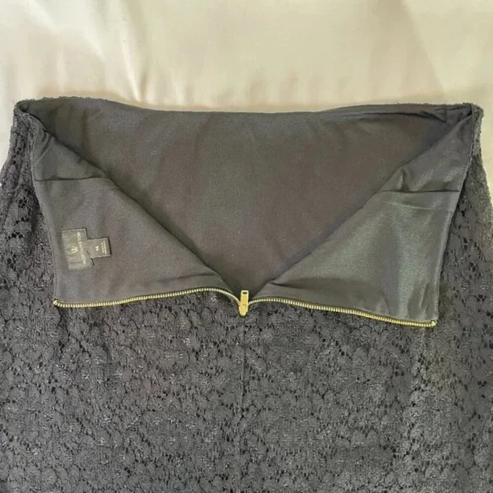 Worthington Black Lace Pencil Skirt Lined Knee Length Back Gold Zipper Size 14